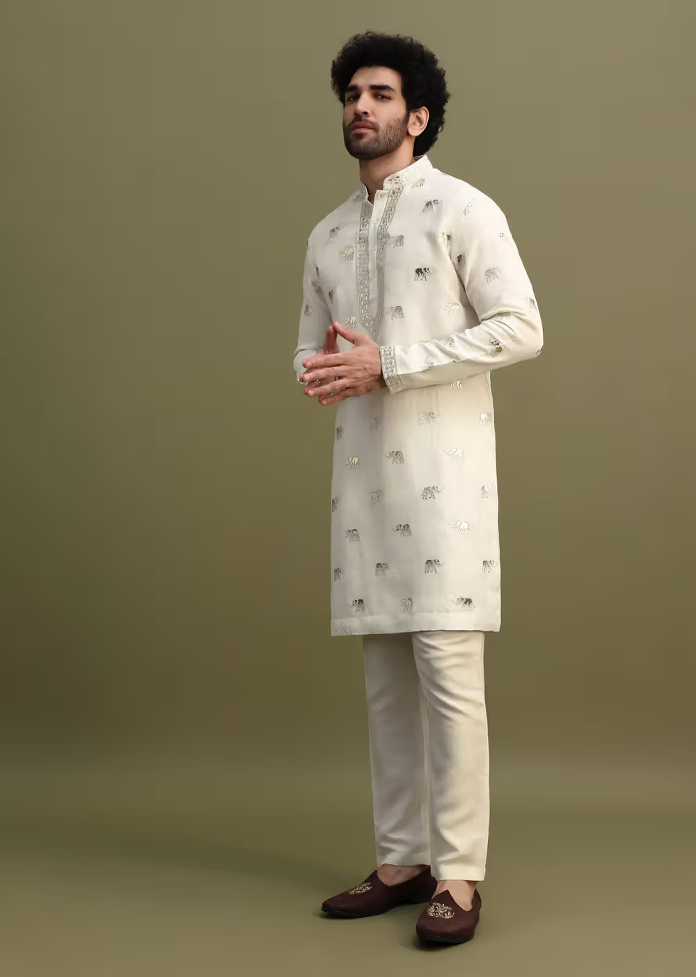 White FOIL EMBROIDERY WORK KURTA PAJAMA SET FOR MEN'S