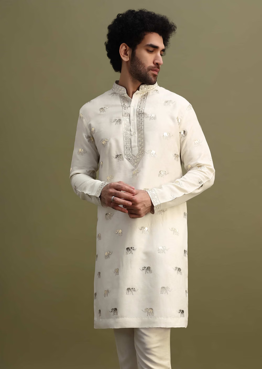 White FOIL EMBROIDERY WORK KURTA PAJAMA SET FOR MEN'S
