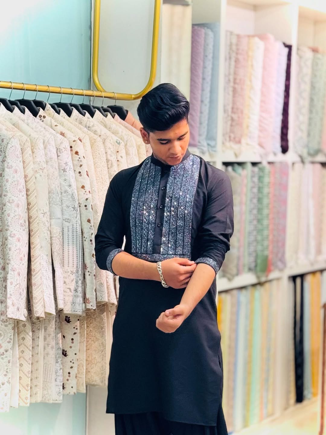 BLUE NACK SATIN EMBROIDERED KURTA WITH PAJAMA SET