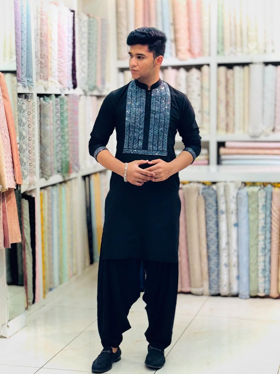 BLUE NACK SATIN EMBROIDERED KURTA WITH PAJAMA SET