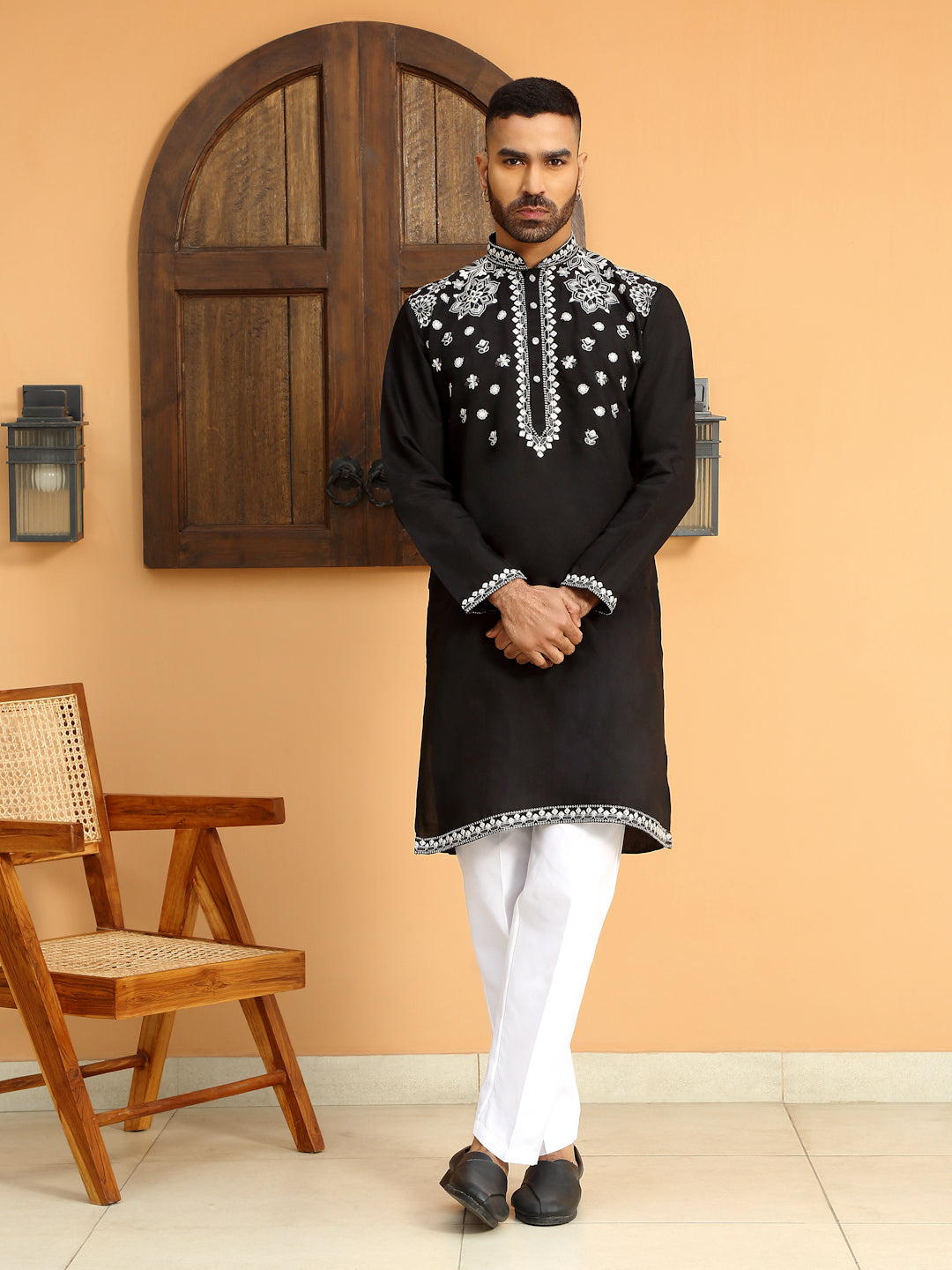 BLACK COTTON NECK EMBROIDERED KURTA PAJAMA SET