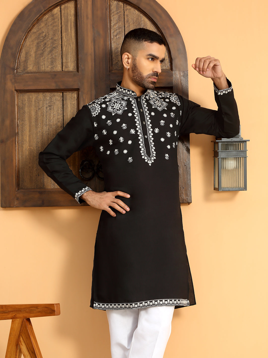 BLACK COTTON NECK EMBROIDERED KURTA PAJAMA SET
