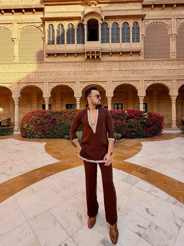 Cocoa Bean Embroidered Work Men's Kurta with Pajama