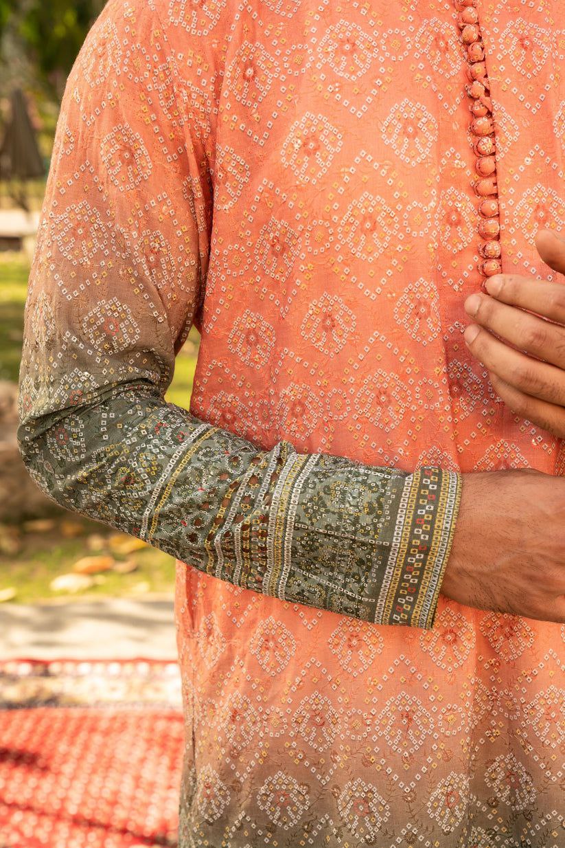 ORANGW BANDHANIPRINTED KURTA WITH PAJAMA SET