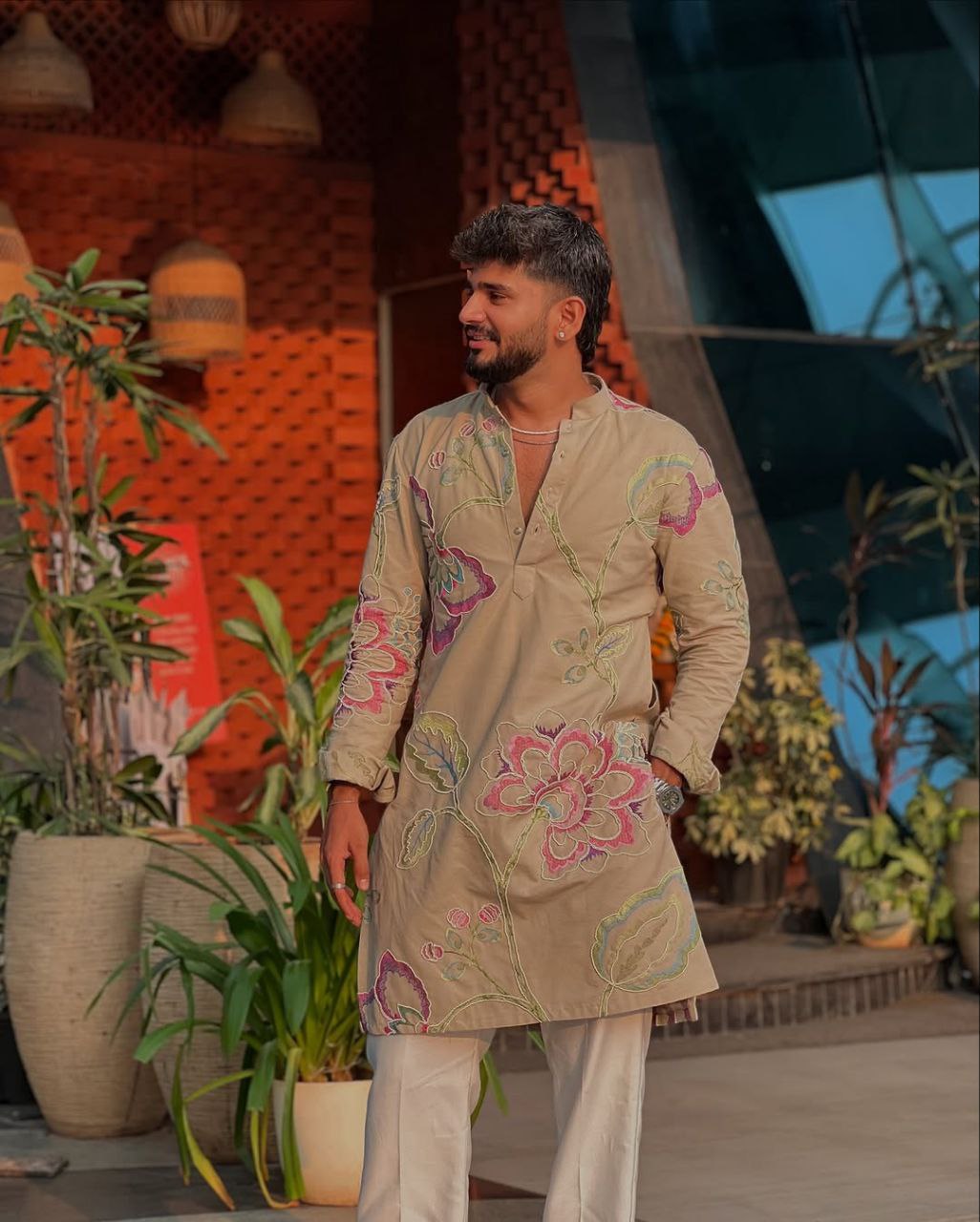 Dull Brown EMBROIDERED KURTA PAJAMA SET