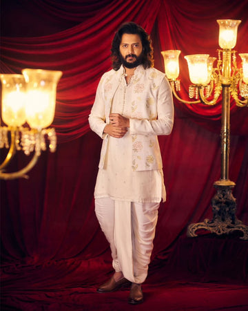 Elegant Ivory Embroidered Kurta Set with Bandi