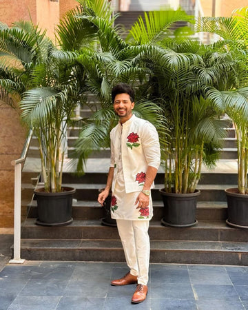 Off-White Rose Printed Kurta Set with Nehru Jacket