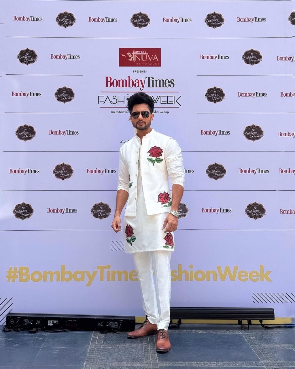 Off-White Rose Printed Kurta Set with Nehru Jacket