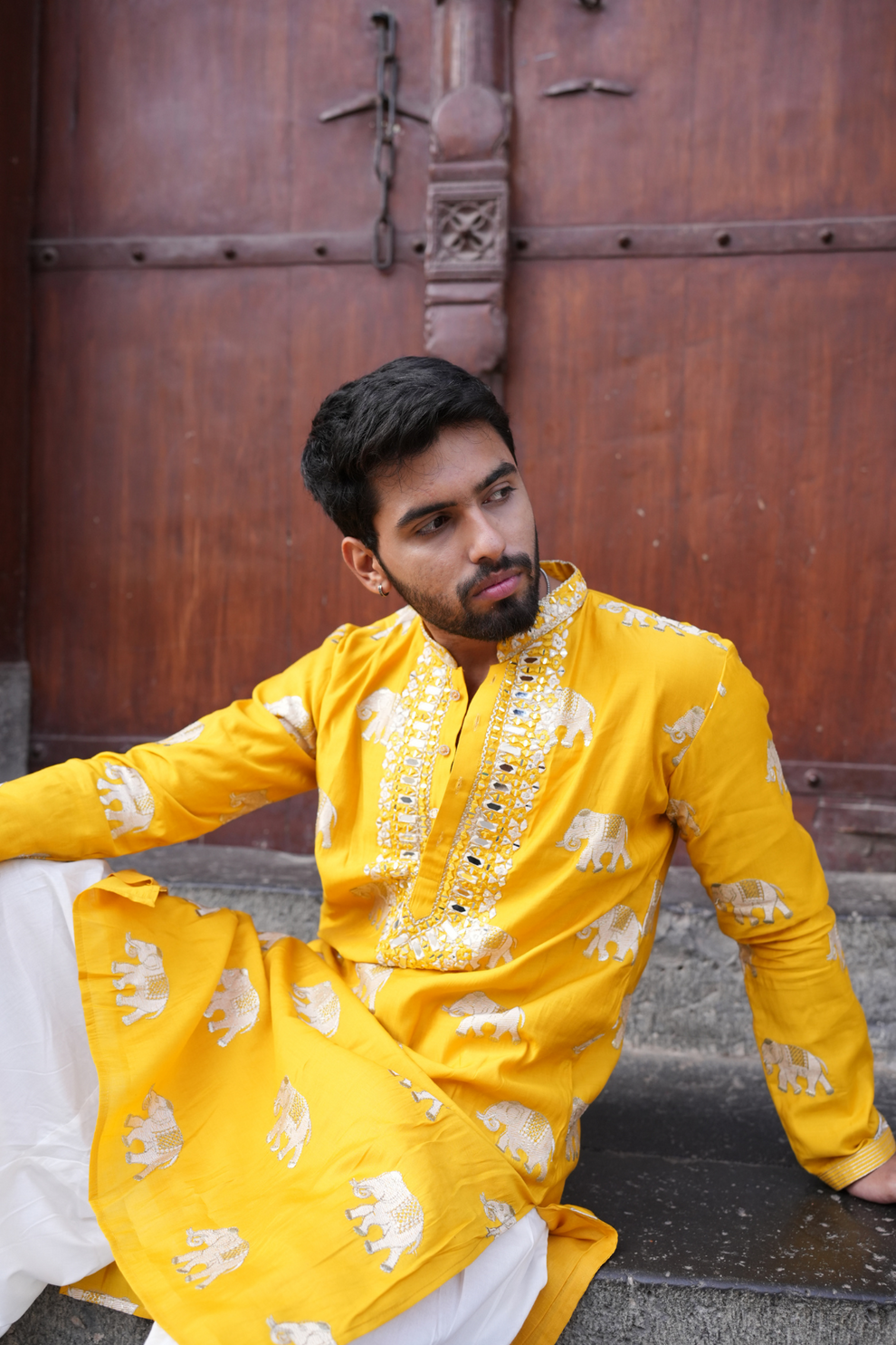 YELLOW  ELEPHANT NECK EMBROIDERED WORK KURTA PAUJAMA SET FOR MEN'S