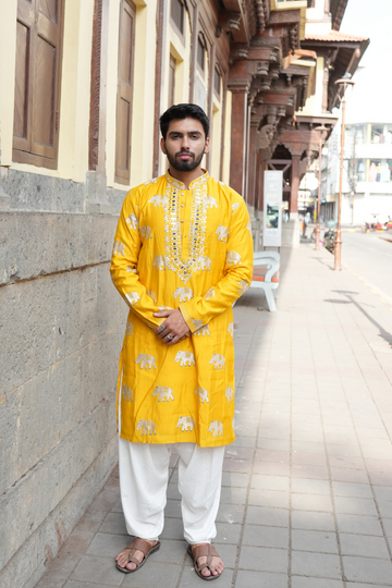 YELLOW  ELEPHANT NECK EMBROIDERED WORK KURTA PAUJAMA SET FOR MEN'S